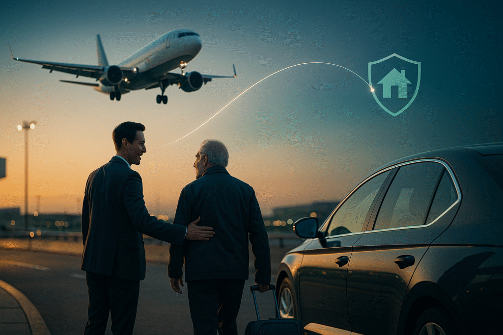 Professional travel companion guiding an older traveler at an airport curb; airplane above; path to home shield icon.